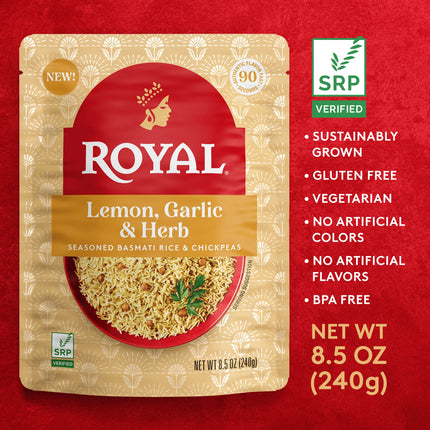 Authentic Royal Ready-To-Heat Lemon Garlic Herb Long Grain Basmati Rice, 8.5 Oz Microwavable Pouch