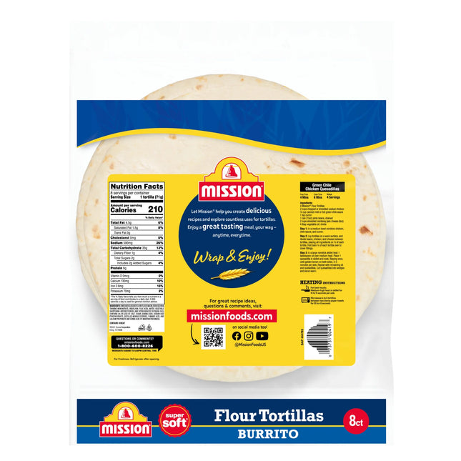 Mission Super Soft Flour Tortillas, Burrito Size, 8 Count