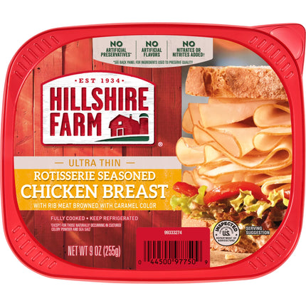 Hillshire Farm Ultra Thin Rotisserie Seasoned Chicken Breast, Deli Lunch Meat, 9 Oz Plastic Tub