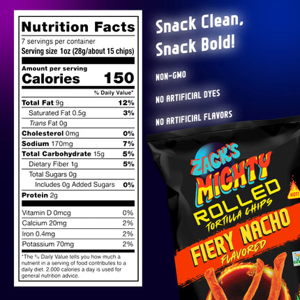 Zack'S Mighty Fiery Nacho Rolled Tortilla Chips, 7 Oz Film Bag, No Artificial Colors or Dye