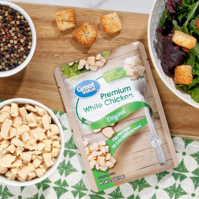 Great Value Premium White Chicken, Shelf-Stable, Fully Cooked, Ready to Eat, 2.6 Oz Pouch