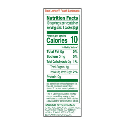 (10 Packets) True Lemon Peach Lemonade Stevia Sweetened, On-The-Go, Caffeine Free Powdered Drink Mix