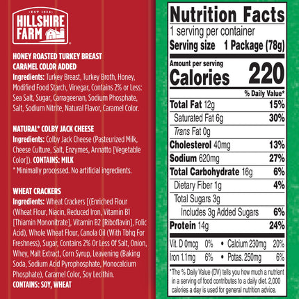 Hillshire Farm Snack Pack, Honey Roasted Turkey Breast, Colby Jack Cheese, Wheat Crackers, 2.76 Oz
