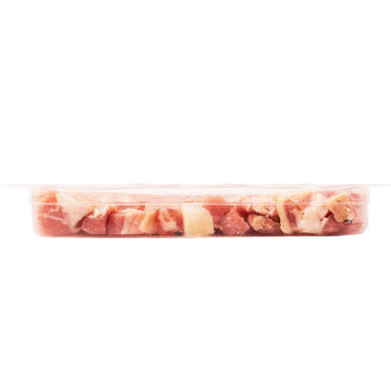Del Duca, Diced Pancetta, Uncured Pork Belly, 4 Oz Plastic Tray, Serving Size .5 Oz, 2 Grams of Protein per Serving