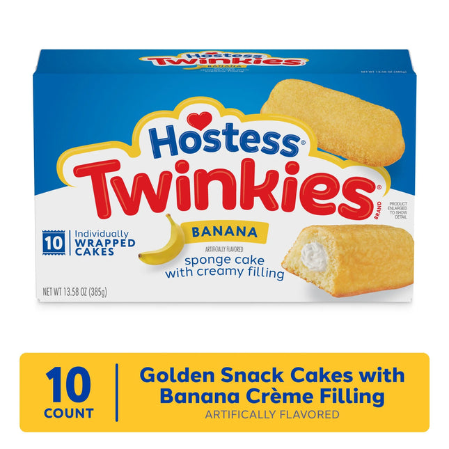 Hostess Twinkies Snack Cakes, Golden Sponge Cake with Banana Artificially Flavored Filling, 13.58 Oz Box (10 Ct.)