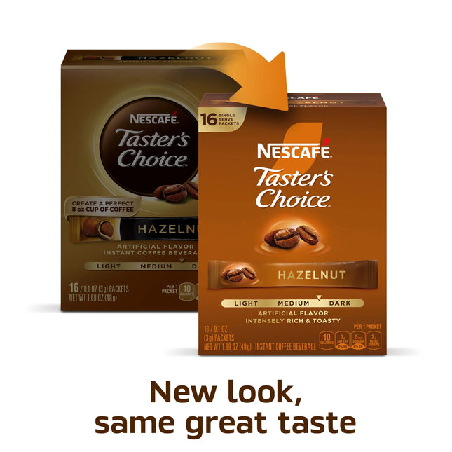 NESCAFÉ Taster'S Choice, Hazelnut Flavored Coffee, Instant Coffee Packets, 1 Box, 16 Packs