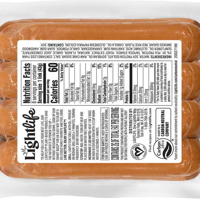 Lightlife, Smart Dogs, Plant Based Hot Dogs, 12 Oz Plastic Wrapper, 8 Count