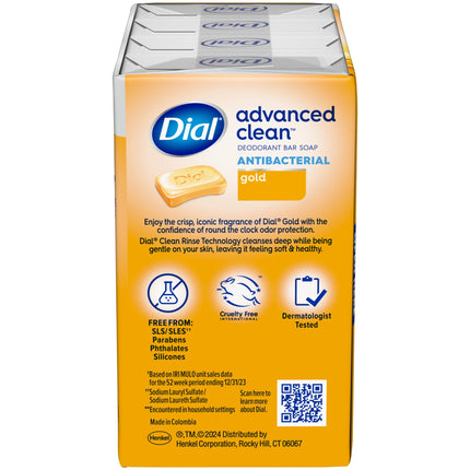 Dial Antibacterial Deodorant Bar Soap, Advanced Clean, Gold, 4 Oz, 4 Bars