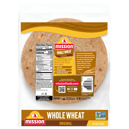 Mission Super Soft Whole Wheat Flour Tortillas, Soft Taco Size, 10 Count
