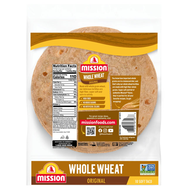 Mission Super Soft Whole Wheat Flour Tortillas, Soft Taco Size, 10 Count