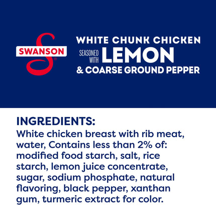 Swanson Lemon and Coarse Ground Pepper White Chunk Fully Cooked Chicken, Ready to Eat, Simple On-The-Go Meals, 2.6 Oz Pouch