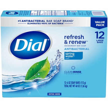 Dial Antibacterial Bar Soap, Refresh & Renew, Spring Water, 4 Oz, 12 Bars