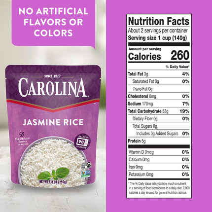 Carolina Ready-To-Heat White Jasmine Rice, Gluten Free, 8.8 Oz Bag