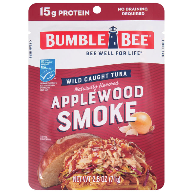 Bumble Bee Applewood Smoke Naturally Flavored Light Tuna, Wild Caught, Gluten Free, 15G Protein per Serving, Ready to Eat, Shelf Stable Pouch, 2.5 Oz