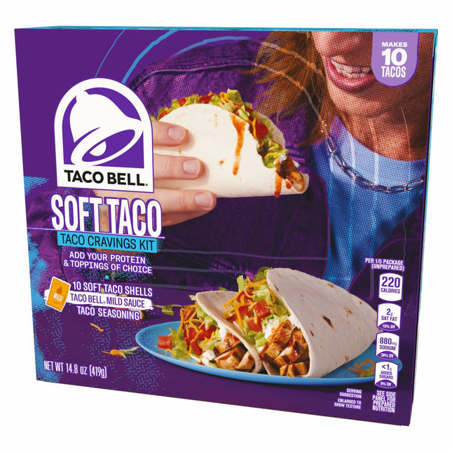 Taco Bell Soft Taco Cravings Kit with 10 Soft Tortillas, Mild Sauce & Seasoning, 14.8 Oz Box, Shelf-Stable, Contains: Wheat