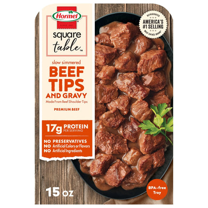 HORMEL SQUARE TABLE Slow Simmered Beef Tips and Gravy, Beef Shoulder Cuts, Refrigerated, 15 Oz Plastic Microwaveable Tray