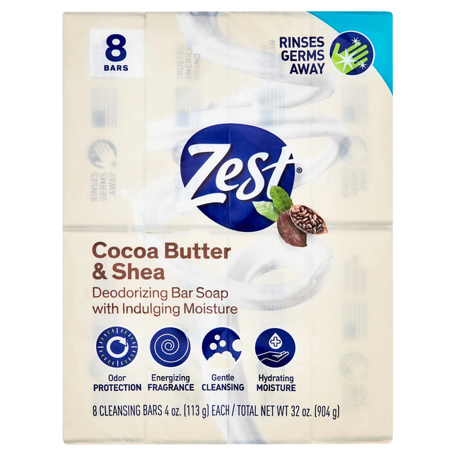 Zest Cocoa Butter & Shea Bar Soap, for All Skin Types, 4 Oz, 8 Bars