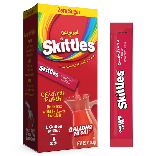 Skittles Zero Sugar Gallons-To-Go Powdered Drink Mix, Original Punch, 8 Count Gallon Pitcher Packets