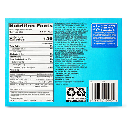 Great Value Fruit & Grain Cereal Bars, Blueberry, 1.3 Oz, 8 Count