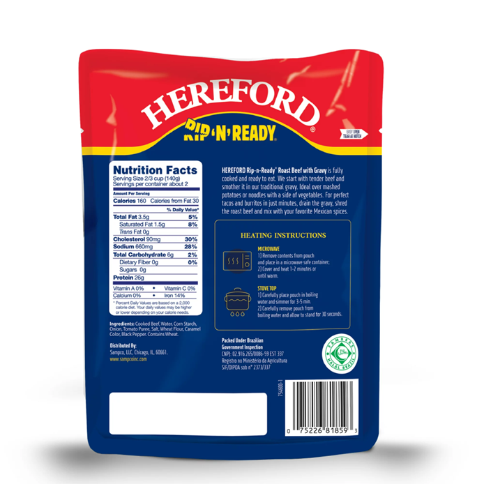 Hereford Fully Cooked Roast Beef with Gravy, Shelf Stable Pouch, 10 oz