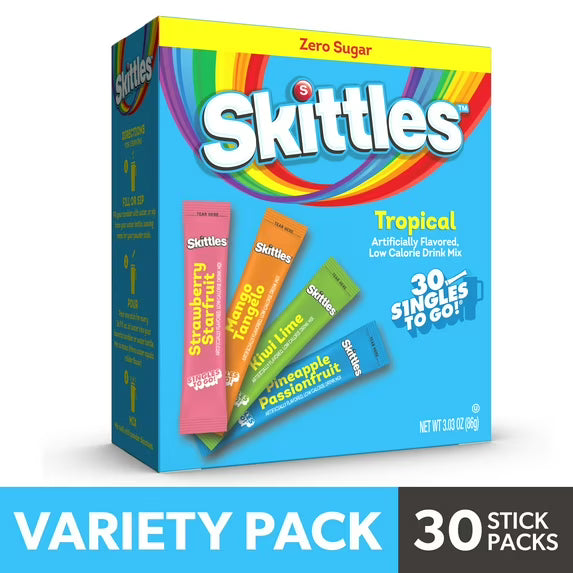 Skittles Zero Sugar Variety Pack Singles-To-Go Powdered Drink Mix, Tropical, 30 Count Packets