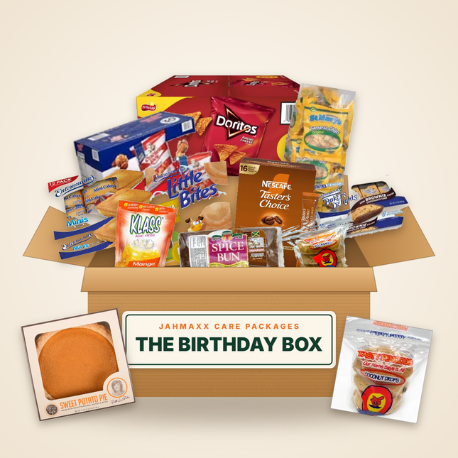 The Birthday Box: Doritos, Cracker Jack, cakes, brownies, muffins, Jamaican buns and sweet potato pie in an open Jahmaxx box