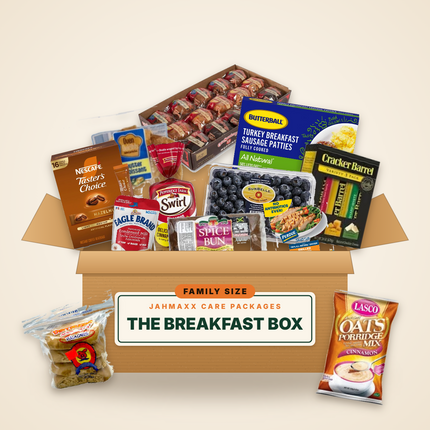 The Breakfast Box, Family Size: muffins, croissants, sausage patties, coffee, bread and blueberries in an open Jahmaxx box