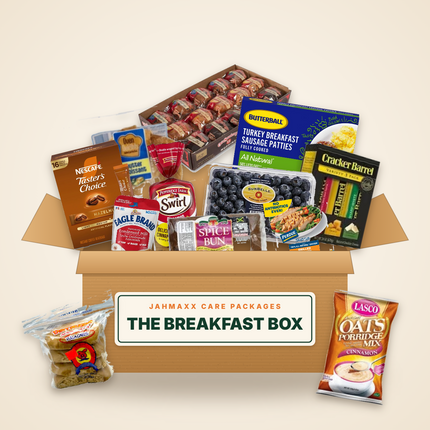 The Breakfast Box: muffins, croissants, turkey sausage patties, coffee, cinnamon swirl bread, blueberries and porridge in an open Jahmaxx box