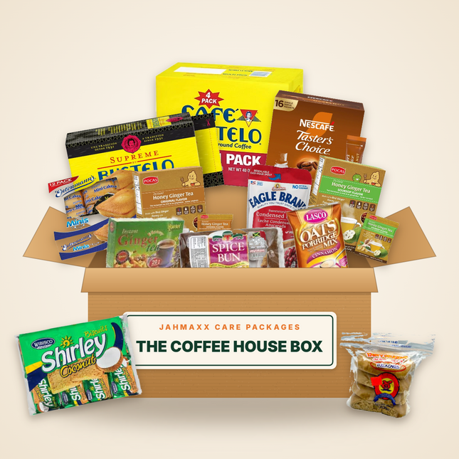 The Coffee House Box: Cafe Bustelo, Nescafe, ginger teas, condensed milk, pound cake and biscuits in an open Jahmaxx box