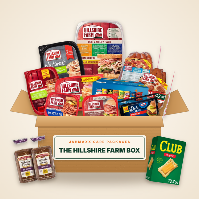 The Hillshire Farm Box: Hillshire deli meats, smoked sausage, kielbasa, cheese, bread and chips in an open Jahmaxx box