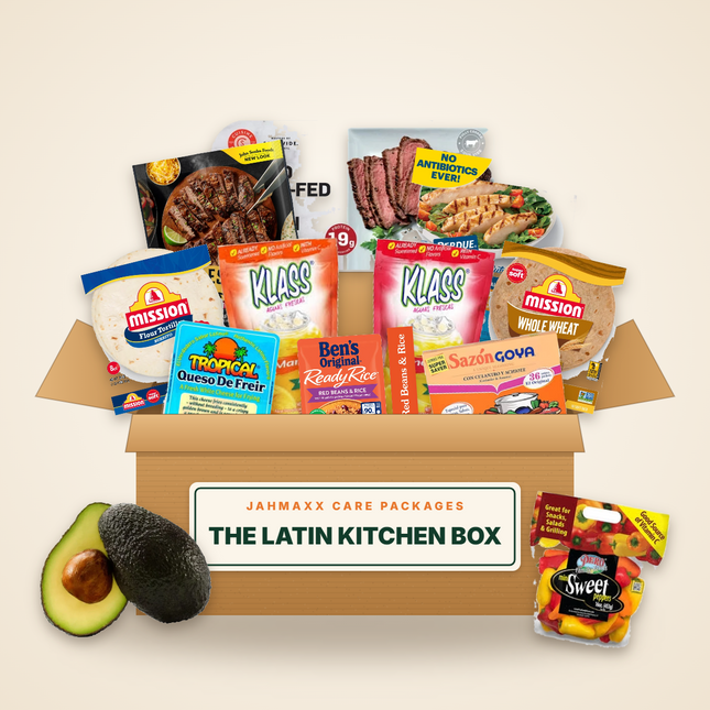 The Latin Kitchen Box: roast beef, steak and chicken strips, tortillas, queso de freir, rice, Sazon and Klass in an open Jahmaxx box