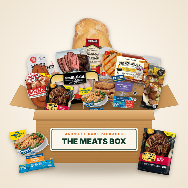 The Meats Box: turkey breast, roast beef, grilled chicken, kielbasa, brisket, pork chops and chicken strips in an open Jahmaxx box