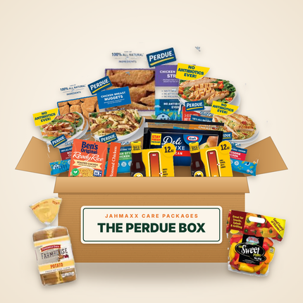 The Perdue Box: Perdue chicken strips, nuggets and Short Cuts with cheese, rice and sauces in an open Jahmaxx box