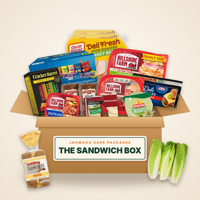The Sandwich Box: deli turkey, ham, salami, pastrami, sliced cheeses, bread, wraps and chips in an open Jahmaxx box