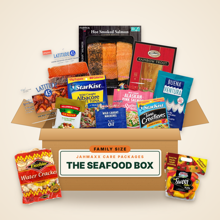 The Seafood Box, Family Size: smoked salmon, trout, saltfish, tuna and mackerel in an open Jahmaxx box