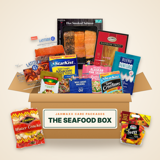 The Seafood Box: smoked salmon, smoked trout, salmon bites, saltfish, tuna and mackerel in an open Jahmaxx box