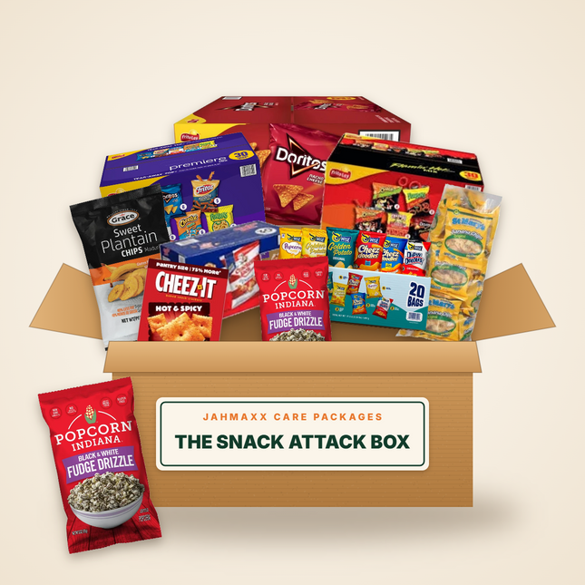 The Snack Attack Box: Doritos, Frito-Lay variety packs, plantain and banana chips, Cracker Jack, Cheez-It and popcorn in an open Jahmaxx box