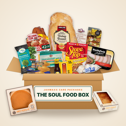 The Soul Food Box: turkey breast, kielbasa, brisket, pork chops, collards, stuffing, sweet potato pie and peach cobbler in an open Jahmaxx box