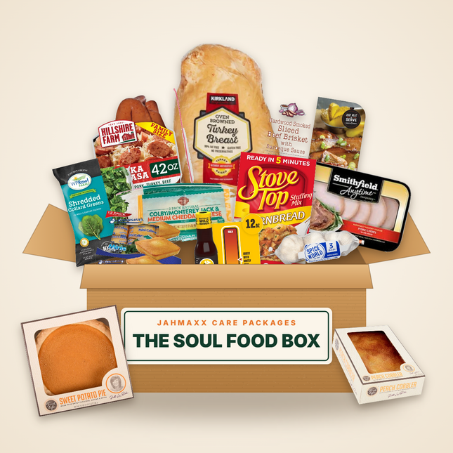 The Soul Food Box: turkey breast, kielbasa, brisket, pork chops, collards, stuffing, sweet potato pie and peach cobbler in an open Jahmaxx box