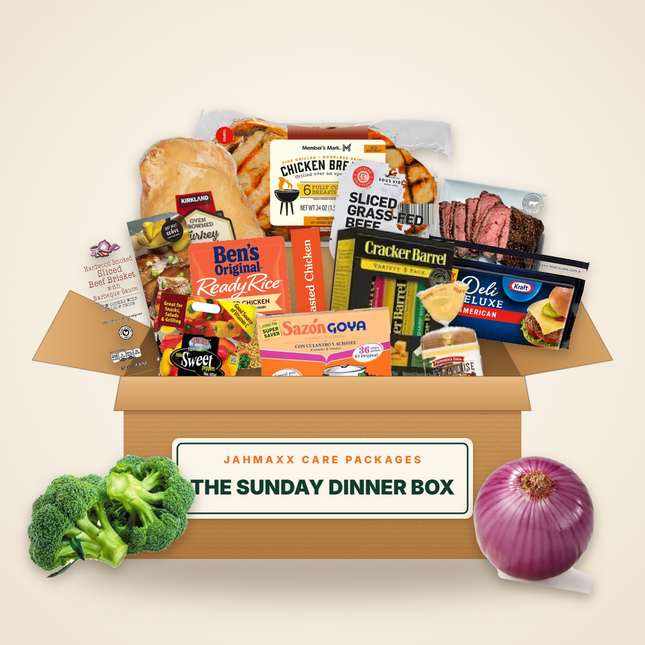 The Sunday Dinner Box: grilled chicken, turkey breast, roast beef, brisket, rice, cheese, bread and vegetables in an open Jahmaxx box