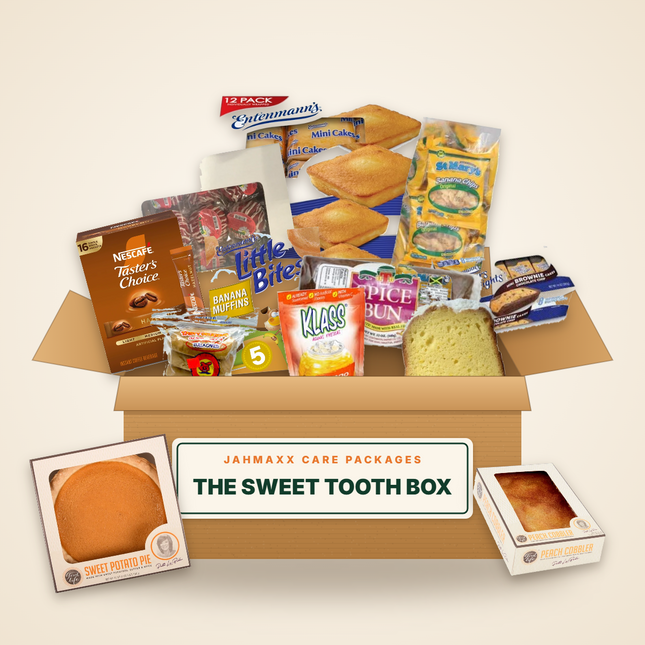 The Sweet Tooth Box: pound cakes, red velvet bundts, lemon cakes, brownies, muffins, Jamaican buns, pies and cobbler in an open Jahmaxx box