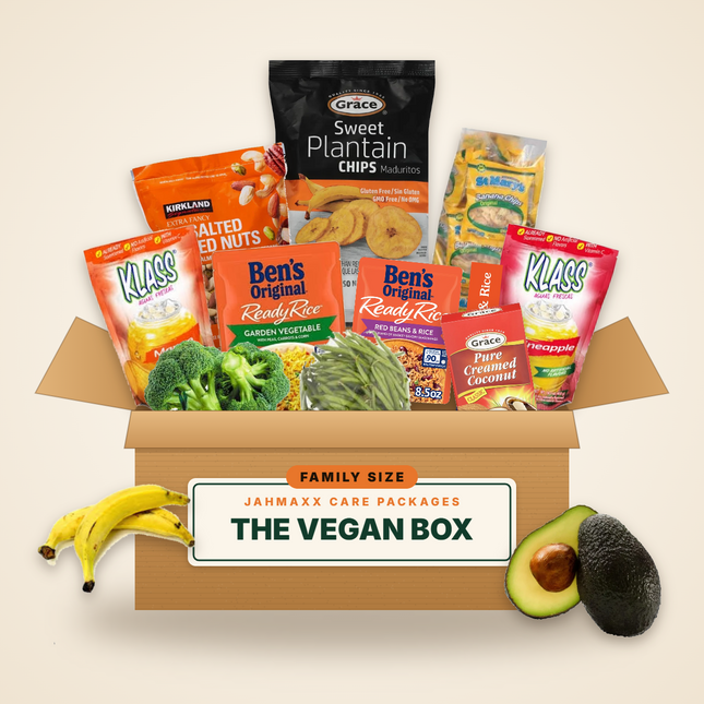 The Vegan Box, Family Size: plantain chips, nuts, rice, vegetables, coconut and plantains in an open Jahmaxx box