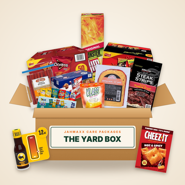 The Yard Box: Slim Jim, steak strips, sausage sticks, Doritos, Flamin' Hot snacks, cheese and sauce in an open Jahmaxx box