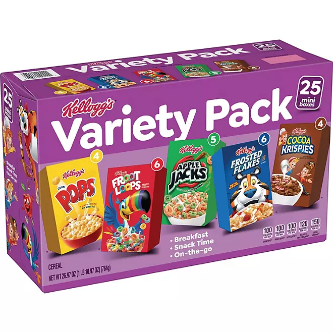 Kellogg's Cold Breakfast Cereal Single Serve Kids Snacks Variety Pack, 25 pk.