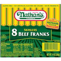 NATHAN’S FAMOUS 8 BUN LENGTH SKINLESS BEEF 12 OZ