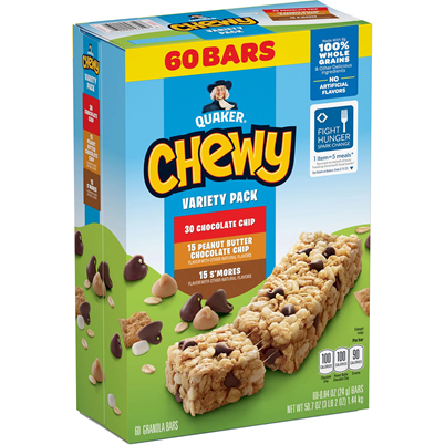 Quaker Chewy Granola Bars Variety Pack (60 pk.)Chocolate chips, Peanut Butter, Smores 50.70 Oz