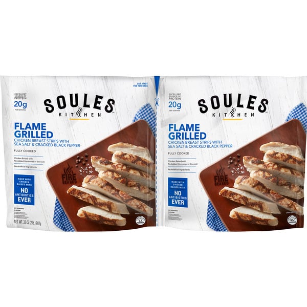 Soules Kitchen Flame Grilled Chicken, Strips Twin Pack 32 oz