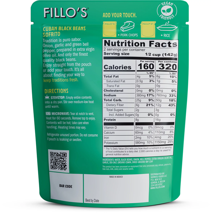 Fillo's Cuban Black Beans - Single Pouch, 10 oz